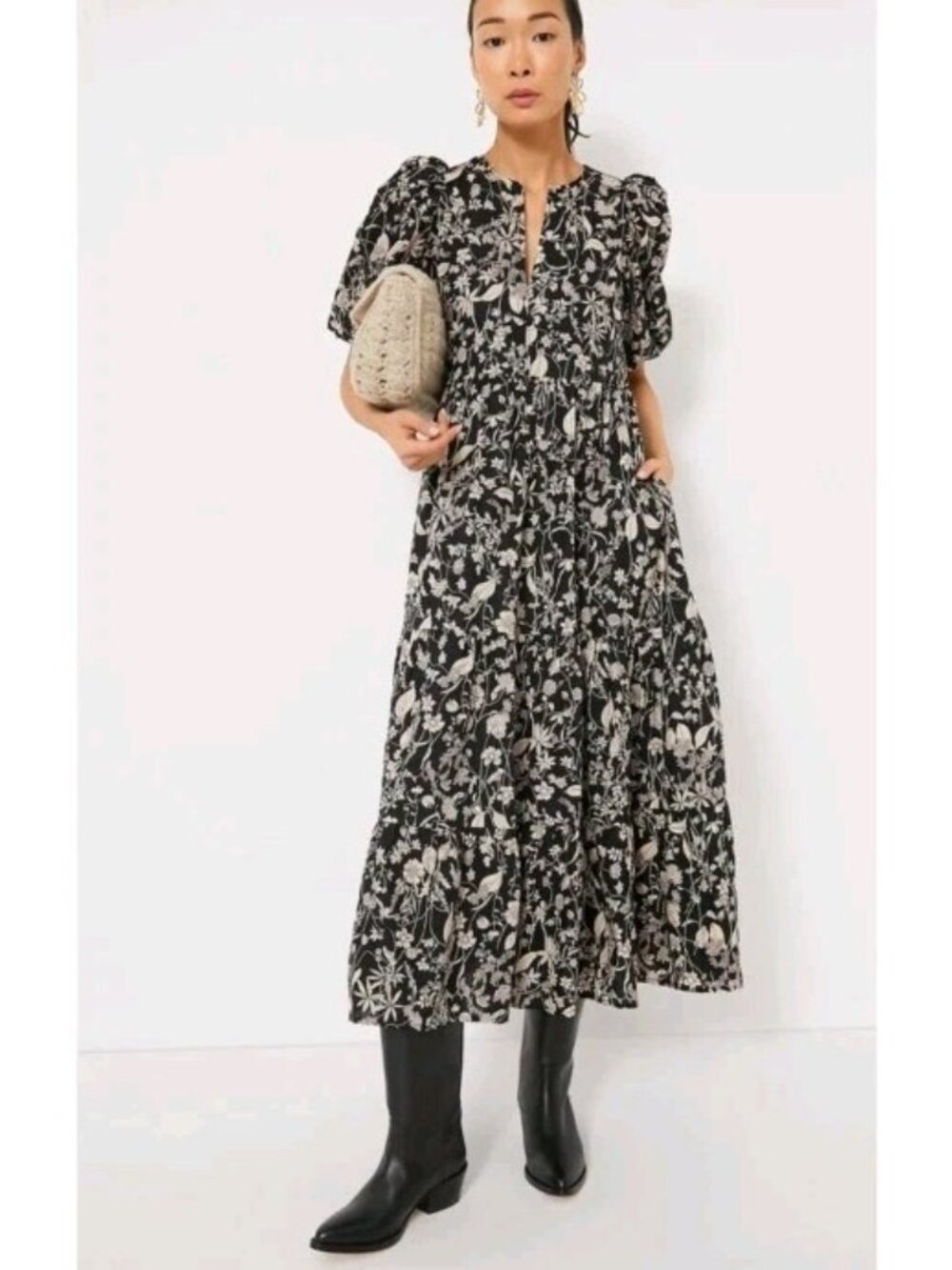 NWT Tuckernuck Hyacinth House Cisco Maxi Dress in Black & Tan Floral Print Small
